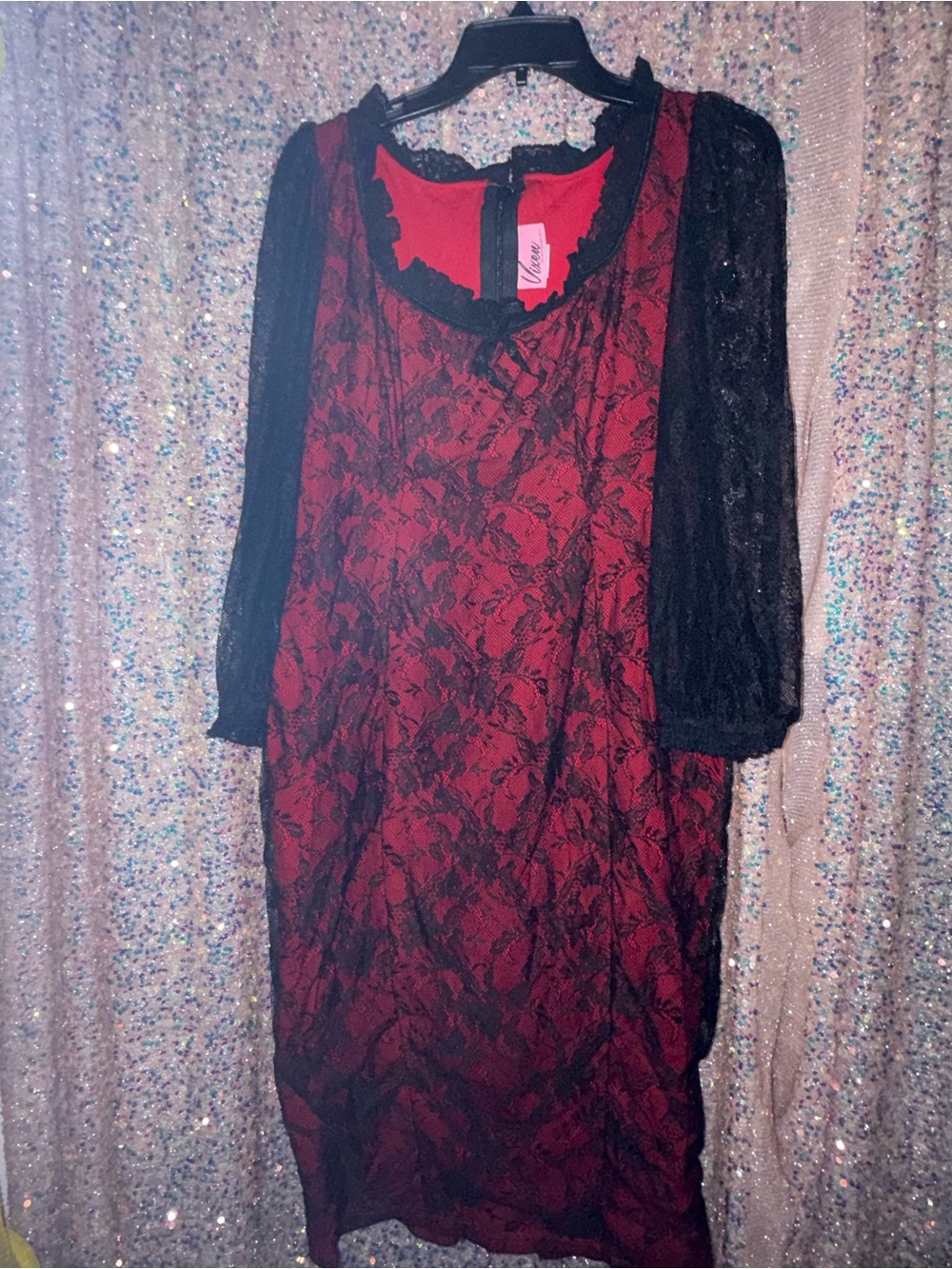 Vixen by Micheline Pitt Red Dress with Black Lace Sleeves